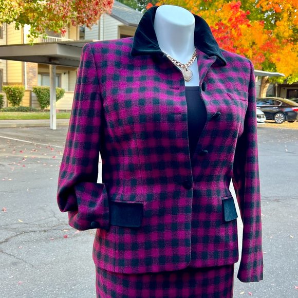 Vintage Jones New York Velvet Trim Plaid Lined Wool Skirt Suit Size 14 - Picture 2 of 13
